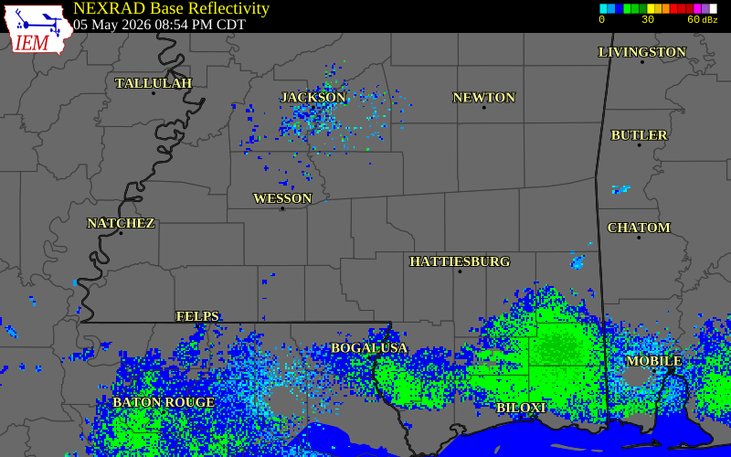 NEXRAD radar during the Tuesday, May 5, 2026 storm activity in Jefferson Davis County, Mississippi