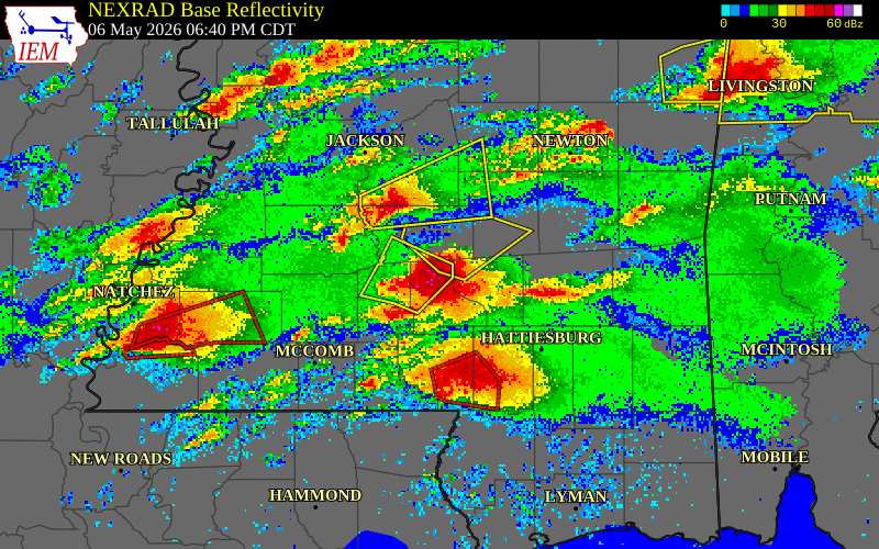 NEXRAD radar during the Wednesday, May 6, 2026 storm activity in Jefferson Davis County, Mississippi