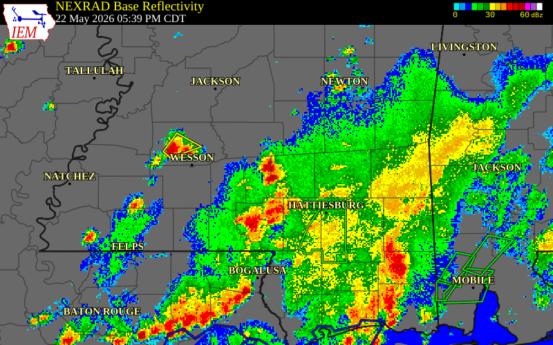 NEXRAD radar during the Friday, May 22, 2026 storm activity in Jefferson Davis County, Mississippi