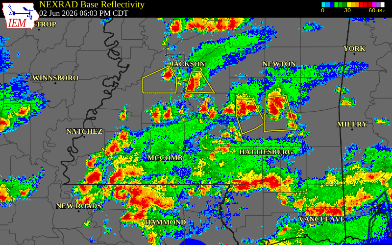 NEXRAD radar during the Tuesday, June 2, 2026 storm activity in Jefferson Davis County, Mississippi