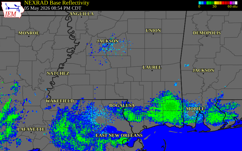 Radar snapshot during the May 5, 2026 tornado event near 2 SSW Prentiss, Jefferson Davis County, Mississippi, with NWS warning polygons