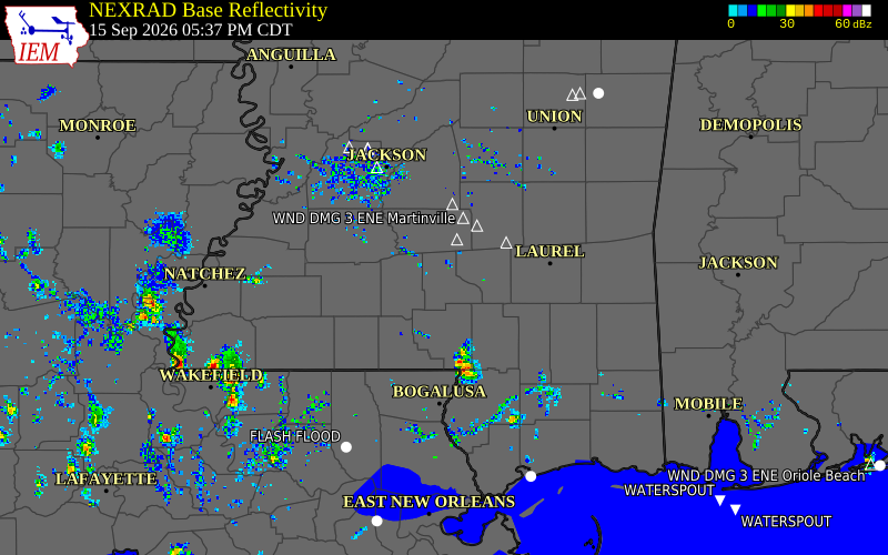 Current NEXRAD radar over Jefferson Davis County, Mississippi with recent storm report locations