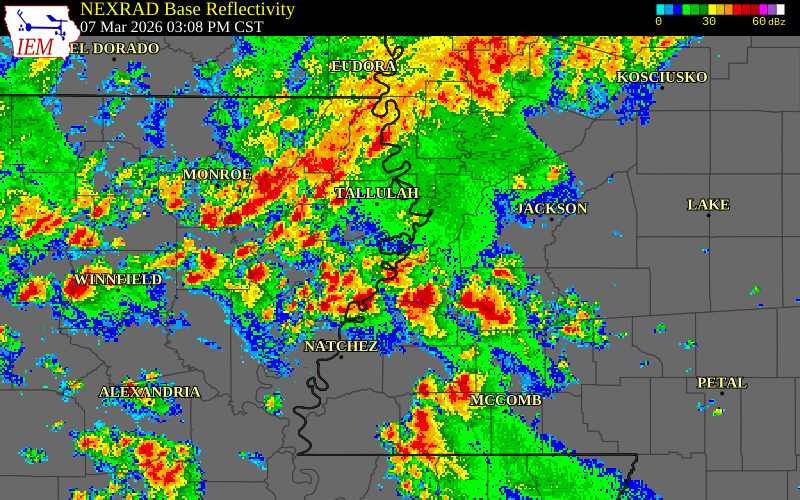 NEXRAD radar during the Saturday, March 7, 2026 storm activity in Jefferson County, Mississippi
