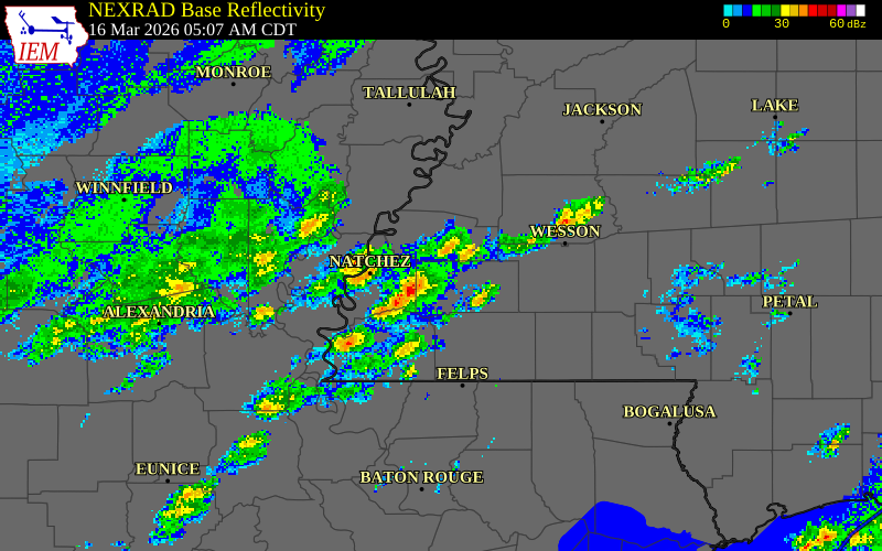 NEXRAD radar during the Monday, March 16, 2026 storm activity in Jefferson County, Mississippi