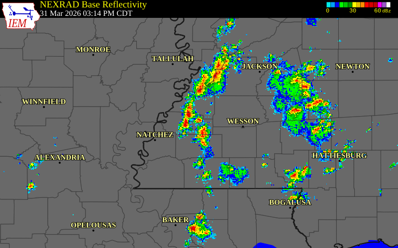 NEXRAD radar during the Tuesday, March 31, 2026 storm activity in Jefferson County, Mississippi
