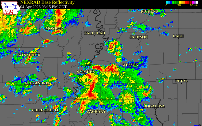 NEXRAD radar during the Saturday, April 4, 2026 storm activity in Jefferson County, Mississippi