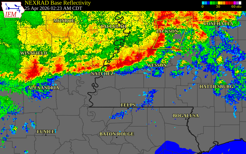 NEXRAD radar during the Saturday, April 25, 2026 storm activity in Jefferson County, Mississippi