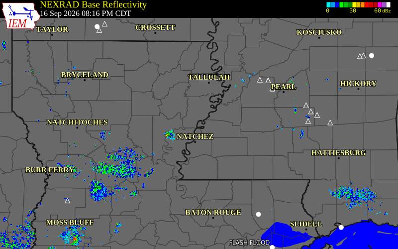 Current NEXRAD radar over Jefferson County, Mississippi with recent storm report locations