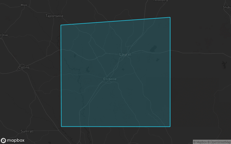 Map of Jones County, Mississippi showing the county boundary and surrounding cities