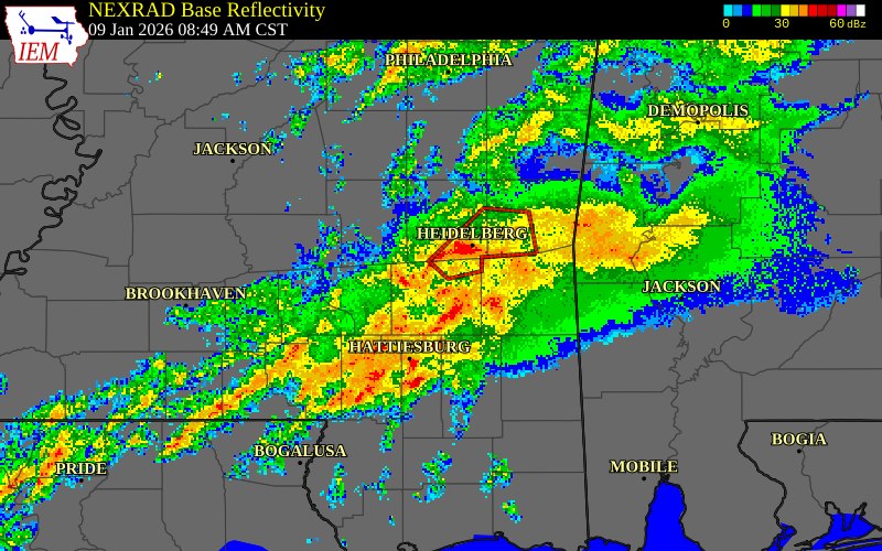 NEXRAD radar during the Friday, January 9, 2026 storm activity in Jones County, Mississippi