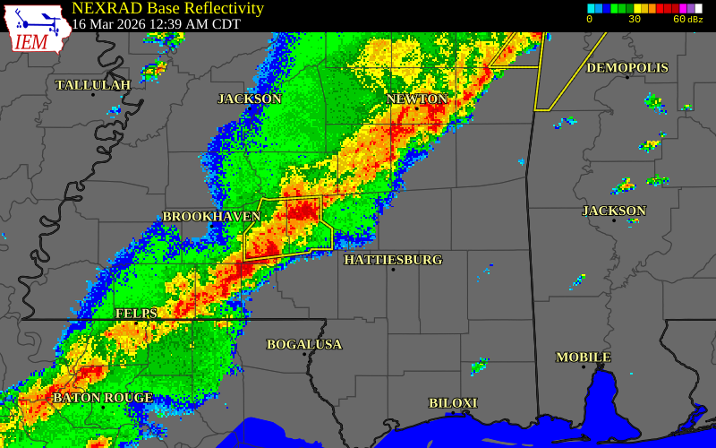 NEXRAD radar during the Monday, March 16, 2026 storm activity in Jones County, Mississippi