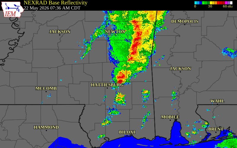 NEXRAD radar during the Friday, May 22, 2026 storm activity in Jones County, Mississippi