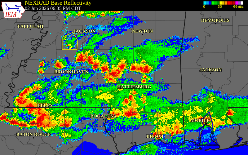 NEXRAD radar during the Tuesday, June 2, 2026 storm activity in Jones County, Mississippi