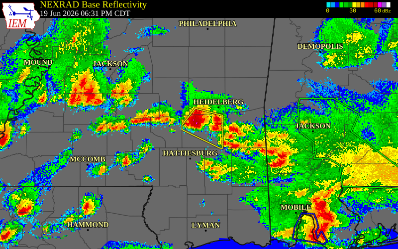NEXRAD radar during the Friday, June 19, 2026 storm activity in Jones County, Mississippi