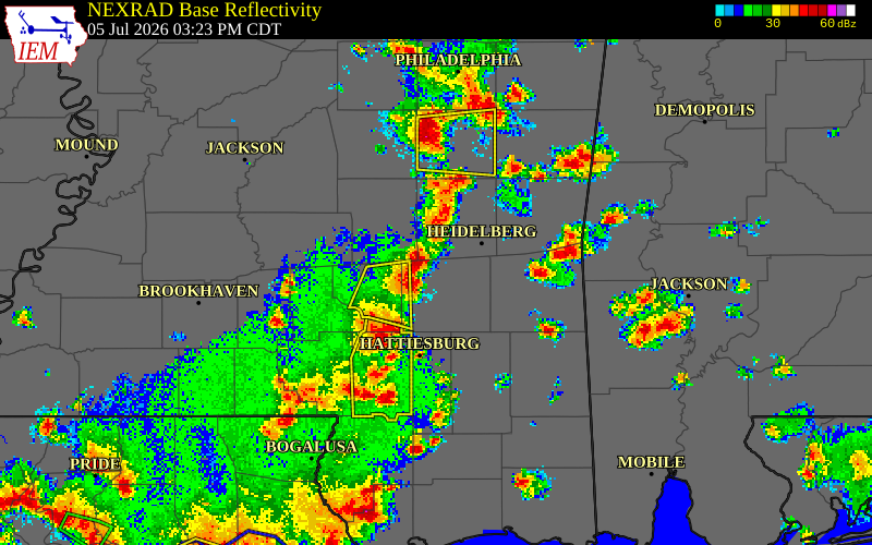 NEXRAD radar during the Sunday, July 5, 2026 storm activity in Jones County, Mississippi