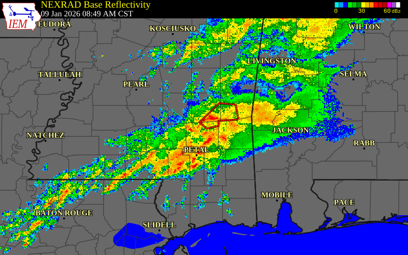 Radar snapshot during the Jan 9, 2026 tornado event near 1 SSE Shady Grove, Jones County, Mississippi, with NWS warning polygons