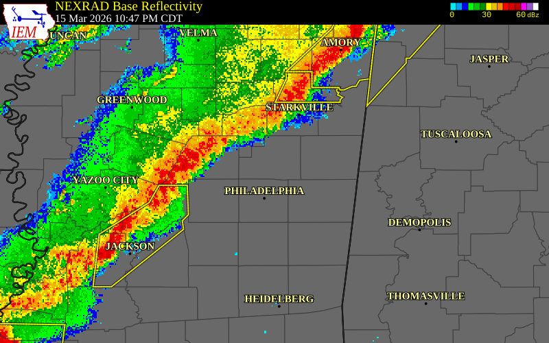 NEXRAD radar during the Sunday, March 15, 2026 storm activity in Kemper County, Mississippi
