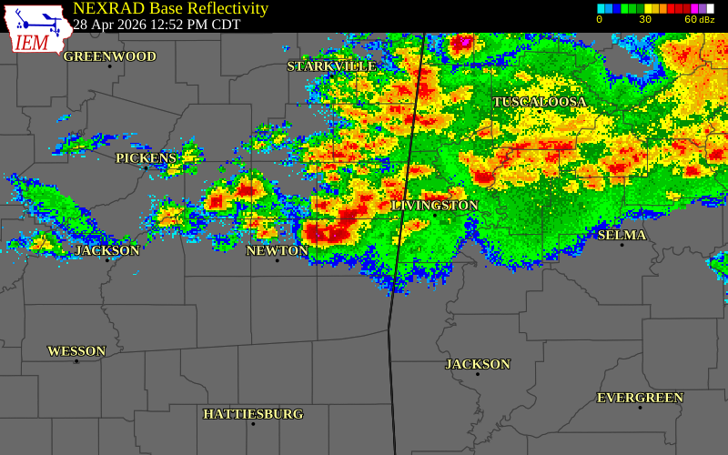 NEXRAD radar during the Tuesday, April 28, 2026 storm activity in Kemper County, Mississippi