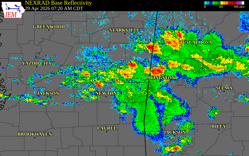 NEXRAD radar during the Wednesday, April 29, 2026 storm activity in Kemper County, Mississippi