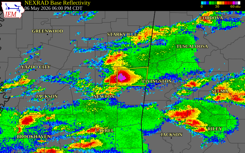 NEXRAD radar during the Wednesday, May 6, 2026 storm activity in Kemper County, Mississippi