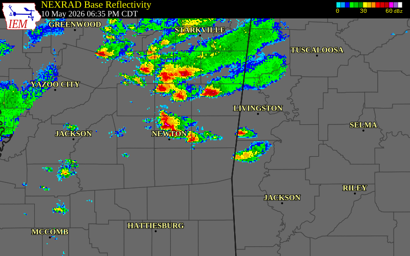 NEXRAD radar during the Sunday, May 10, 2026 storm activity in Kemper County, Mississippi