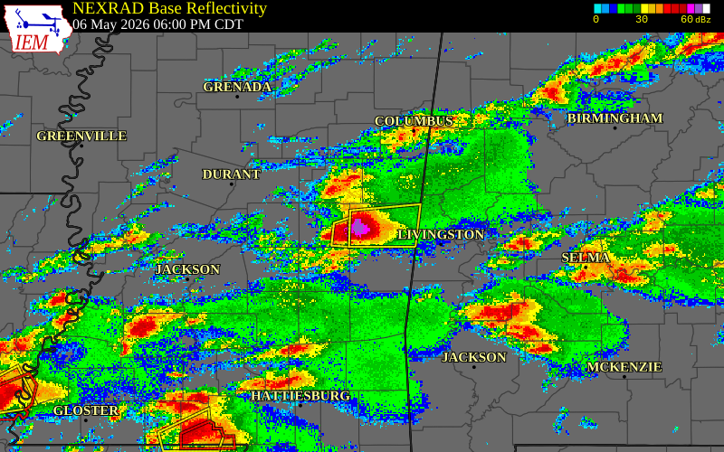 Radar snapshot during the May 6, 2026 hail event near 1 ESE Cleveland, Kemper County, Mississippi, with NWS warning polygons
