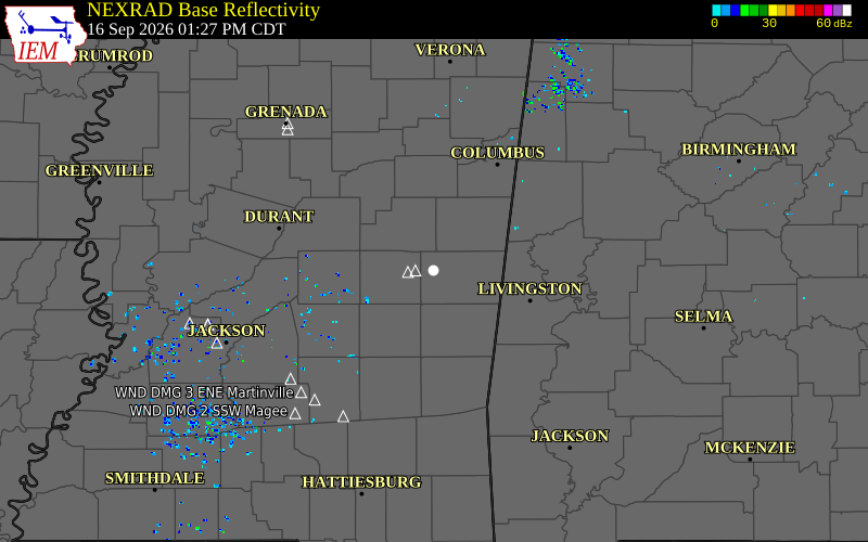 Current NEXRAD radar over Kemper County, Mississippi with recent storm report locations