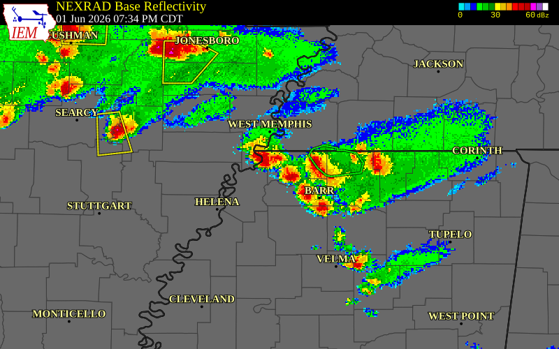 NEXRAD radar during the Monday, June 1, 2026 storm activity in Lafayette County, Mississippi