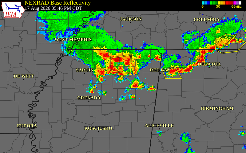Radar snapshot during the Jul 31, 2026 wind event near Lafayette County, Lafayette County, Mississippi, with NWS warning polygons