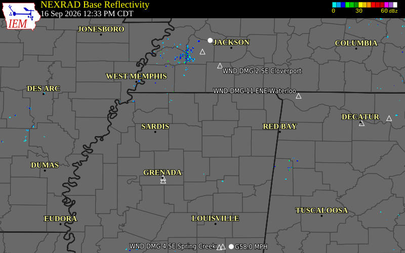 Current NEXRAD radar over Lafayette County, Mississippi with recent storm report locations