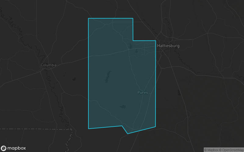 Map of Lamar County, Mississippi showing the county boundary and surrounding cities