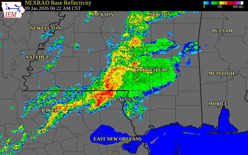 NEXRAD radar during the Friday, January 9, 2026 storm activity in Lamar County, Mississippi