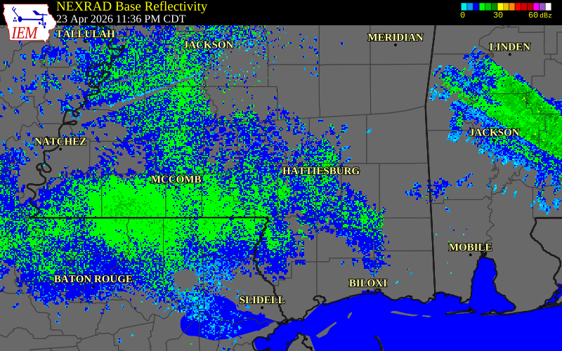 NEXRAD radar during the Thursday, April 23, 2026 storm activity in Lamar County, Mississippi