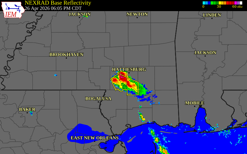 NEXRAD radar during the Sunday, April 26, 2026 storm activity in Lamar County, Mississippi