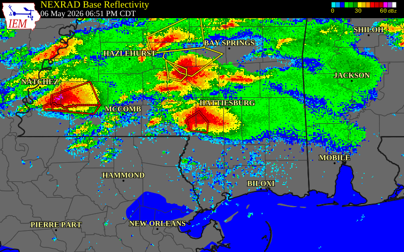 NEXRAD radar during the Wednesday, May 6, 2026 storm activity in Lamar County, Mississippi
