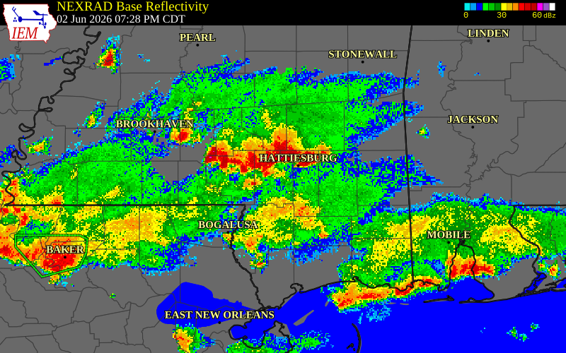 NEXRAD radar during the Tuesday, June 2, 2026 storm activity in Lamar County, Mississippi