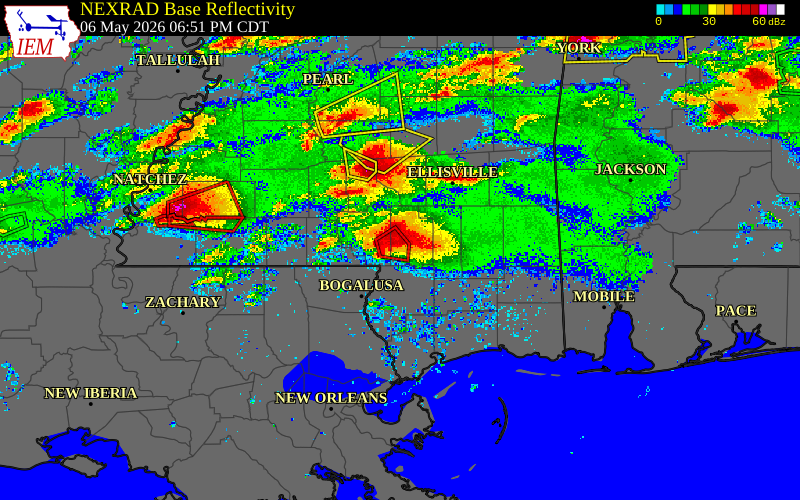 Radar snapshot during the May 6, 2026 tornado event near 2 N Baxterville, Lamar County, Mississippi, with NWS warning polygons