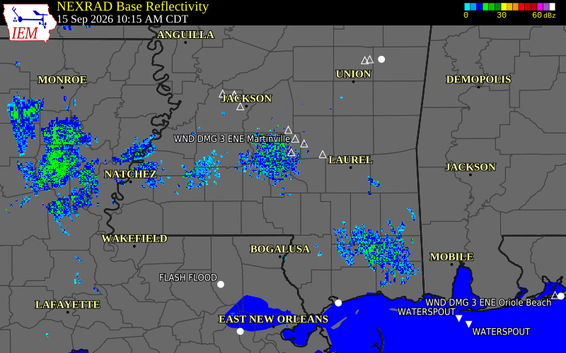 Current NEXRAD radar over Lamar County, Mississippi with recent storm report locations