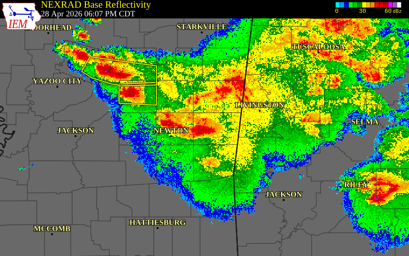 NEXRAD radar during the Tuesday, April 28, 2026 storm activity in Lauderdale County, Mississippi