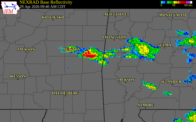 NEXRAD radar during the Wednesday, April 29, 2026 storm activity in Lauderdale County, Mississippi