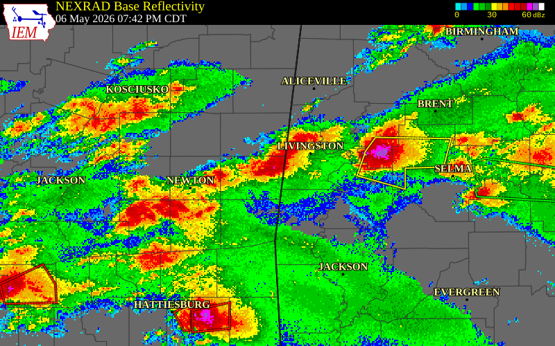 NEXRAD radar during the Wednesday, May 6, 2026 storm activity in Lauderdale County, Mississippi