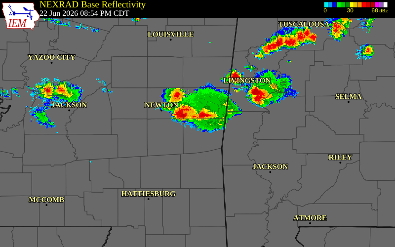 NEXRAD radar during the Monday, June 22, 2026 storm activity in Lauderdale County, Mississippi