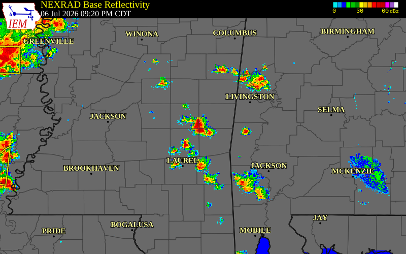 Radar snapshot during the Jul 6, 2026 wind event near Lauderdale County, Lauderdale County, Mississippi, with NWS warning polygons