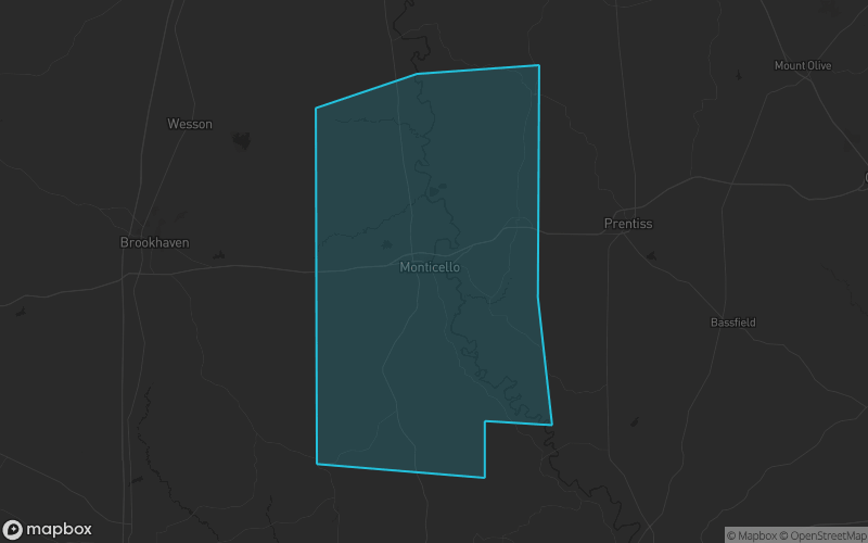 Map of Lawrence County, Mississippi showing the county boundary and surrounding cities