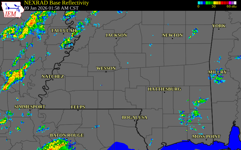 NEXRAD radar during the Friday, January 9, 2026 storm activity in Lawrence County, Mississippi