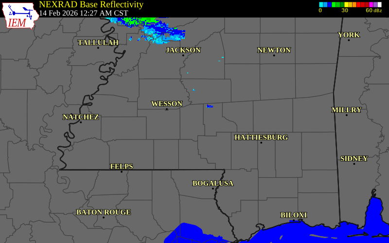NEXRAD radar during the Saturday, February 14, 2026 storm activity in Lawrence County, Mississippi