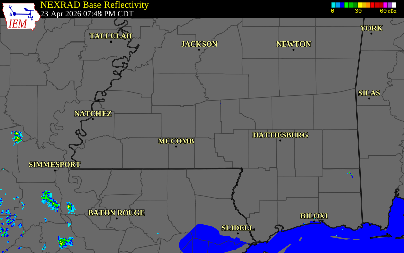 NEXRAD radar during the Thursday, April 23, 2026 storm activity in Lawrence County, Mississippi
