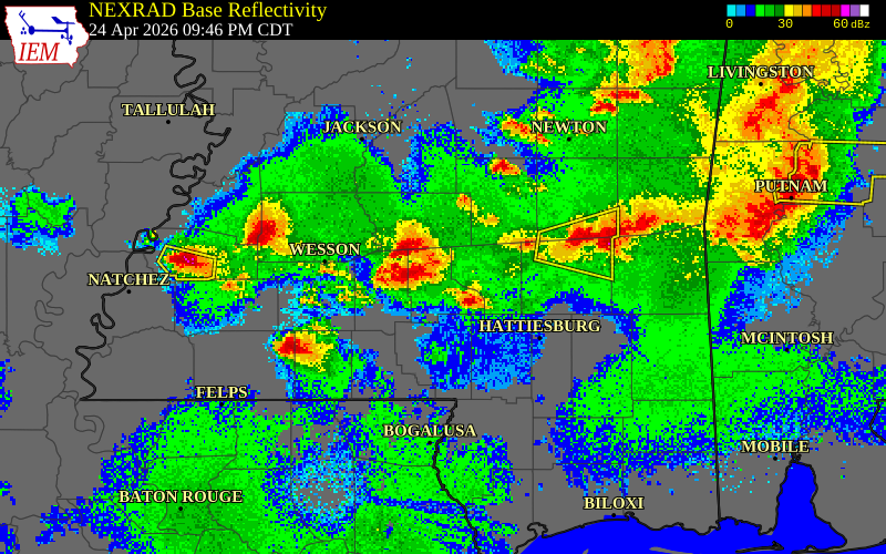 NEXRAD radar during the Friday, April 24, 2026 storm activity in Lawrence County, Mississippi