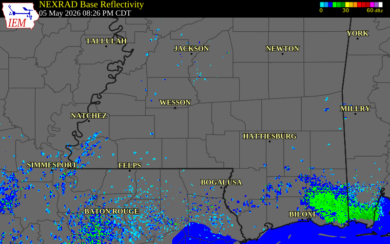 NEXRAD radar during the Tuesday, May 5, 2026 storm activity in Lawrence County, Mississippi