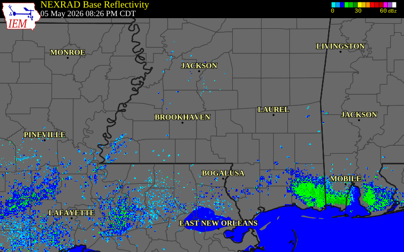 Radar snapshot during the May 5, 2026 tornado event near 3 W Monticello, Lawrence County, Mississippi, with NWS warning polygons